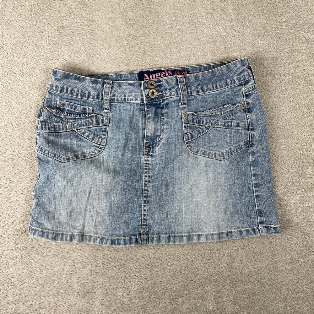 Angels Jeans Denim Mini Skirt Womens 7 Blue Y2K Low Rise Crisscross Pockets